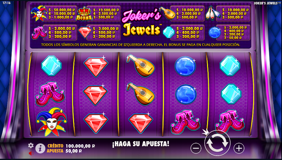 Interfaz de la tragaperras Joker Jewels